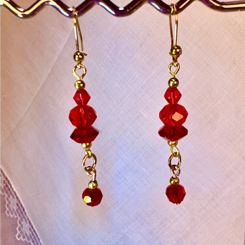 Handcrafted Women Earrings Pierced 4 Faceted Red Glass Crystals Different Shapes